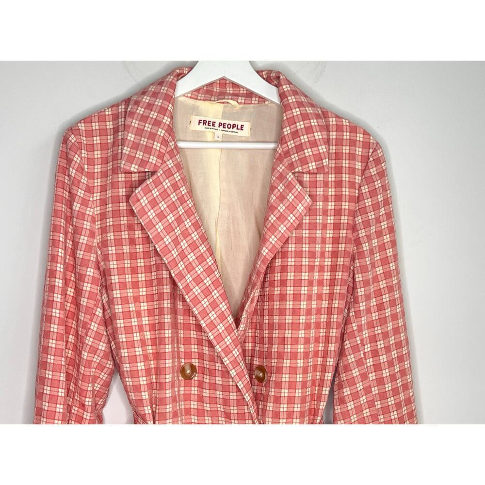 Free People Olivia Gingham Double Breasted Belted Blazer Pink & Cream Women's M - Picture 4 of 10
